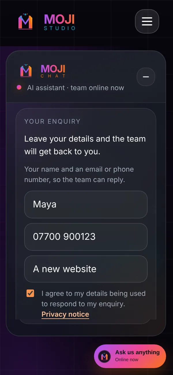 MojiChat's enquiry form, opened after the visitor asked for the team, with a name, a phone number and what they need filled in