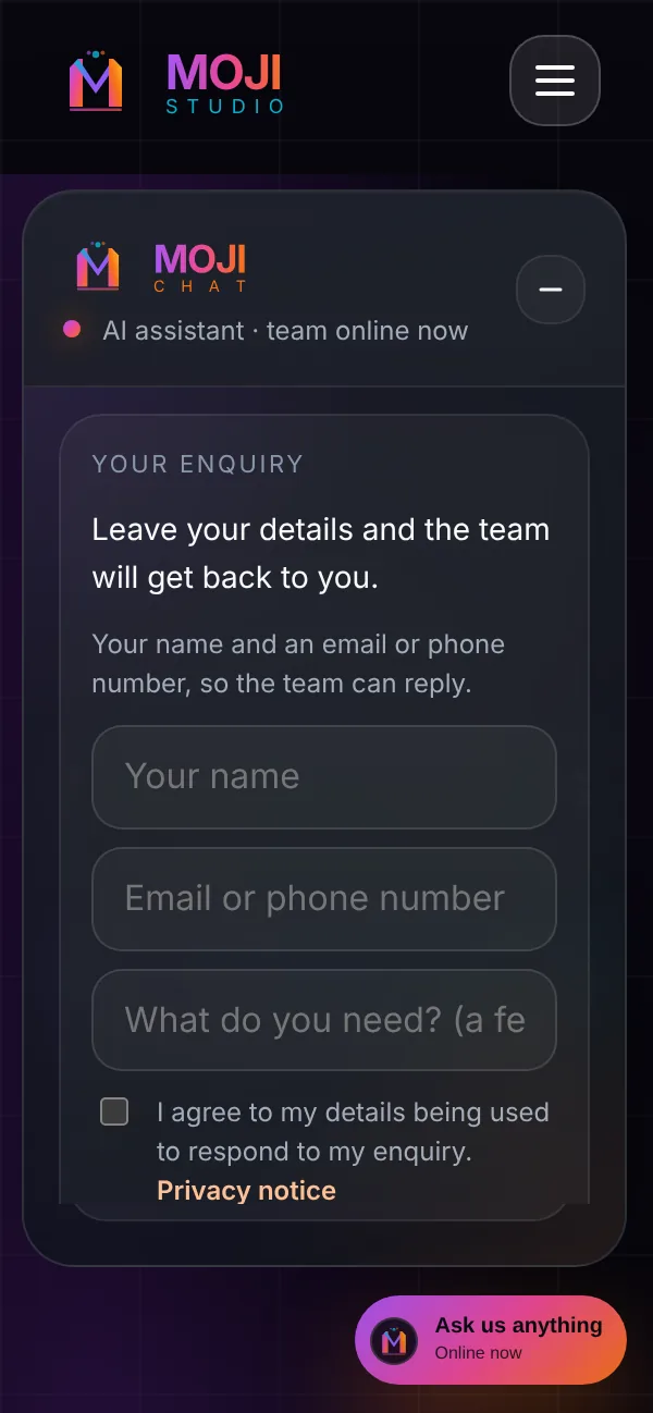 MojiChat showing the enquiry form with name, contact, need and consent while the assistant can't answer