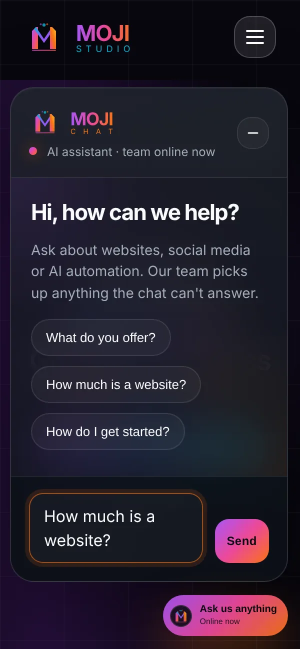 MojiChat open on the Moji Studio website on a phone, with suggested questions and "How much is a website?" typed in